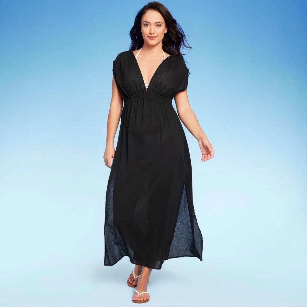 Kona Sol Black Gauze Resort Maxi Cover Up Dress NWT